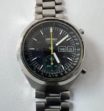 SEIKO 6139-7101 Automatic Chronograph Watch Vintage Mens HELMET Black Dial 17 J