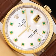 ROLEX MENS DATEJUST 16013 MOTHER OF PEARL TSAVORITE 18K GOLD STEEL LEATHER WATCH
