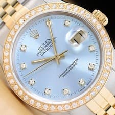 ROLEX MENS DATEJUST 16233 ICE BLUE FACTORY DIAMOND 18K YELLOW GOLD STEEL WATCH