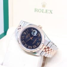 Rolex 36mm 18K Half Rose Gold Black Sunbeam Roman Dial Datejust REF: 116231