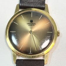 Universal Geneve Manual Wind Watch Gold Brown Dial Leather Band Working Used