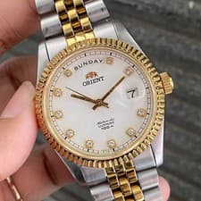 RARE Orient President Day Date Automatic White Dial Diamond Two Tone 90s Vintage