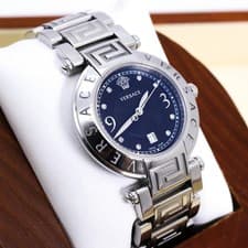 Versace Quartz Watch Gold Black Working New Battery Cleaned 46mm Blue Reflection