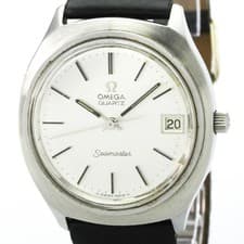 OMEGA Seamaster Date Steel Leather Quartz Mens Watch 196.0072 Vintage BF590342