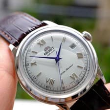 Orient Bambino Automatic Watch Silver Brown Leather Strap Used