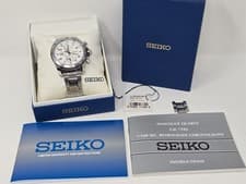 Seiko Sportura Chronograph Quartz Watch Tachymeter White Dial Steel Silver Band