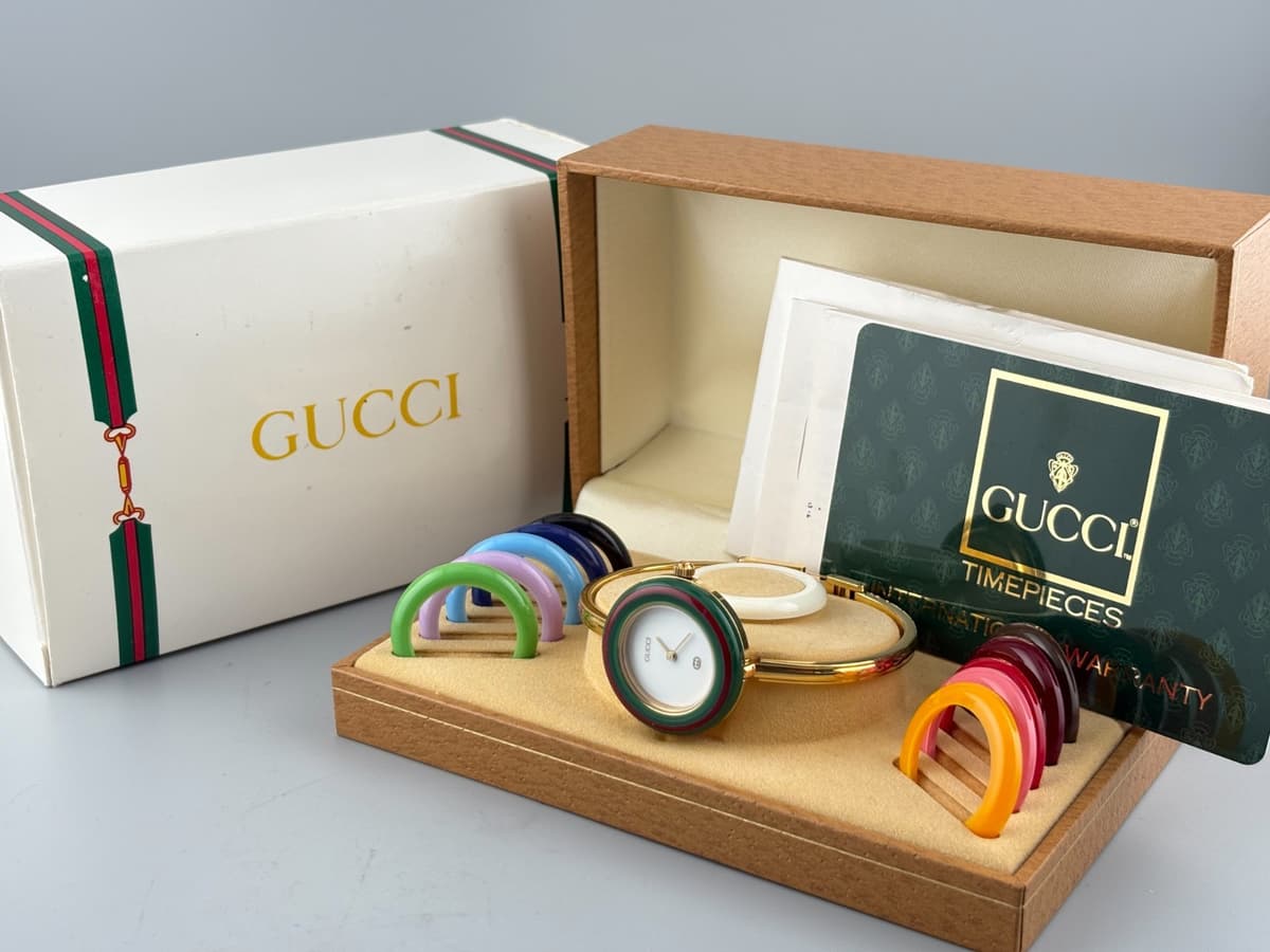 [S Size] Gucci Change Bezel 1100-L Gold White 12 Color Watch Full Set Mint