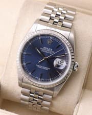Rolex Datejust 36 16220 Blue Dial Engine Turned Bezel Jubilee Watch 2001 PAPERS