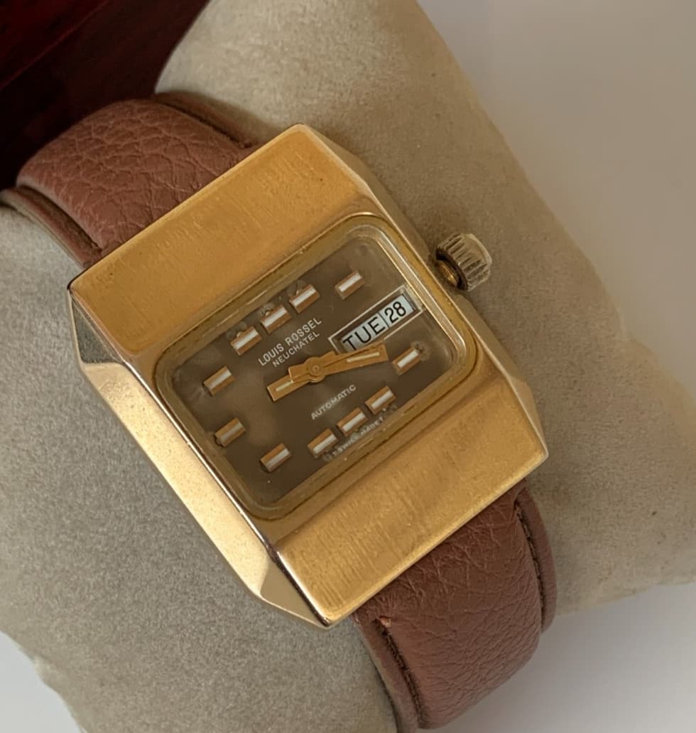 Vintage Louis Rossel Automatic Day Date 1970s Swiss Gold Tone Square 35mm Watch