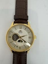 Orient Automatic Moonphase Men's Dress Watch Gold Steel Brown Leather White Dial