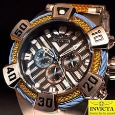 Invicta Bolt 52mm chronograph, bold silver/black design with blue cable accents.