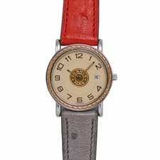 Hermes Serie Date Ladies Quartz SS Ostrich Leather Engraved Watch USED
