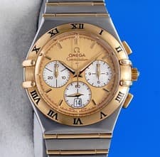 Mens Omega Constellation 18K Gold & SS Chronograph Watch - Gold Dial - 1242.10