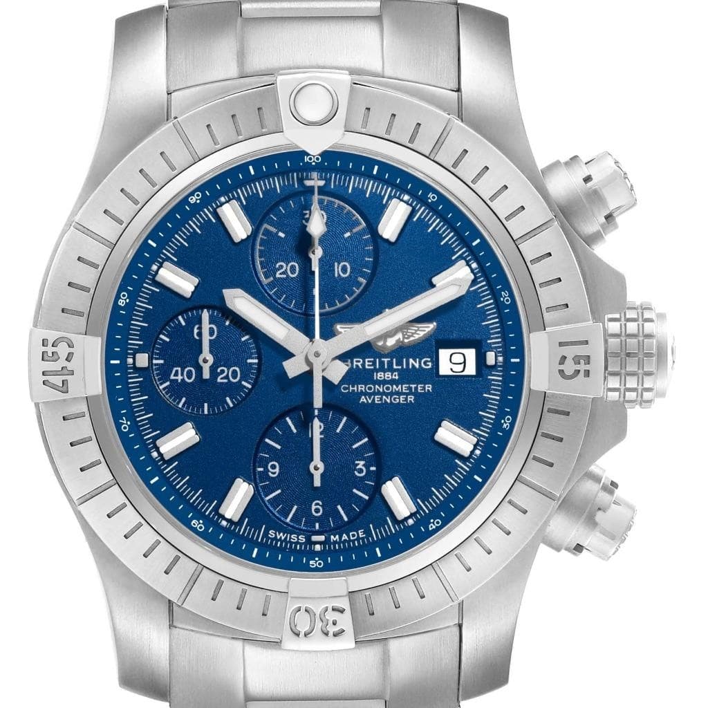 Breitling Avenger Chronograph 43 Blue Dial Steel Mens Watch A13385 Box Card