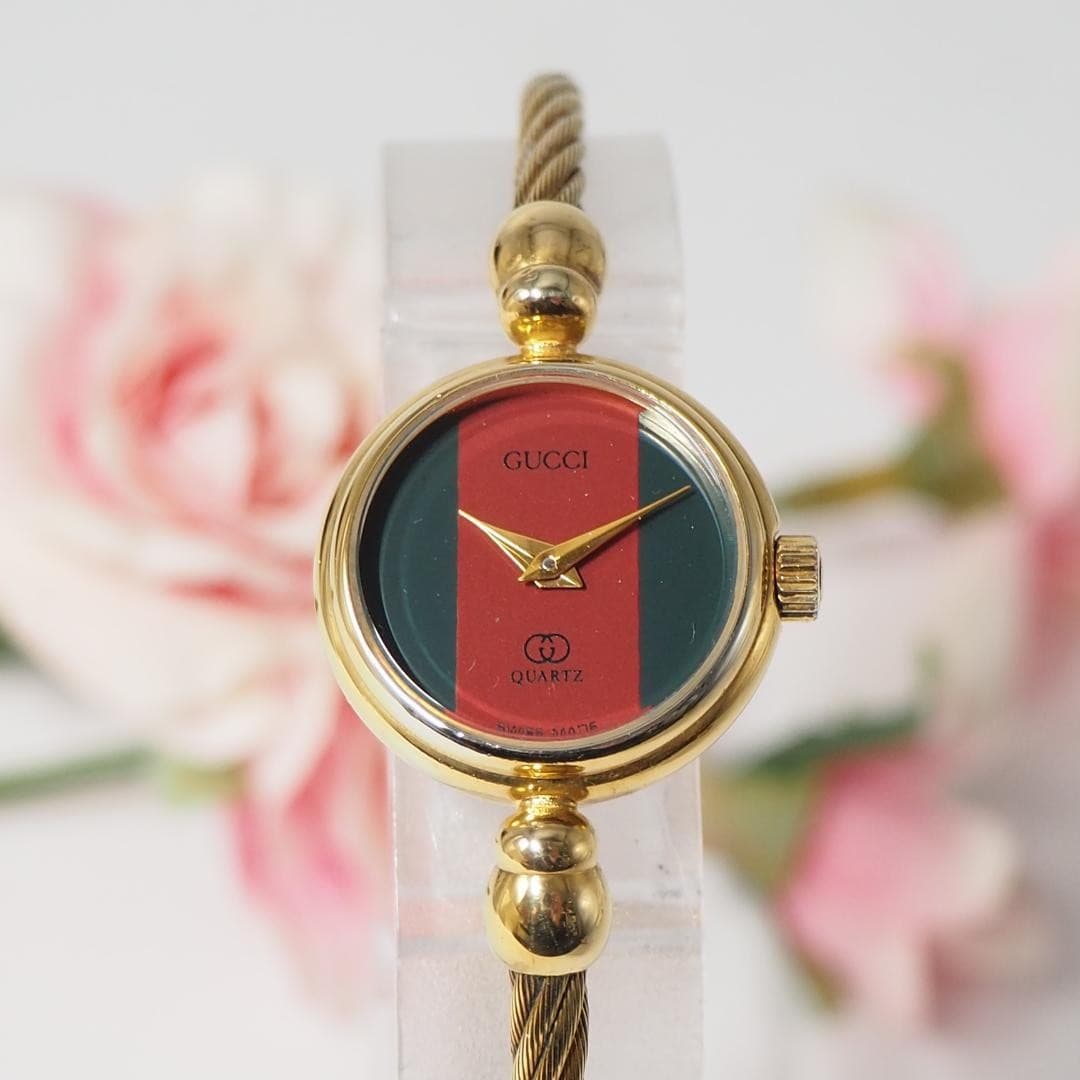 Gucci 2047L Shelly Line Wire Bangle Watch Quartz Womens 19mm Gold 17cm Working