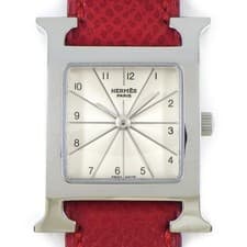 HERMES Wristwatch H Watch HH1.210 Square White Guilloche Dial Red Leather Strap