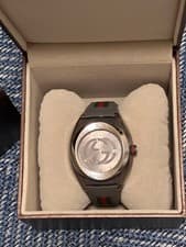 GUCCI Gray Stripe Band Watch Logo Dial Used with Box From Japan