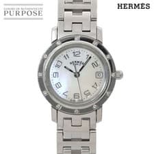 HERMES Clipper Nacre CL4 230 Ladies Wristwatch 12P Diamond Bezel White Shell Qua