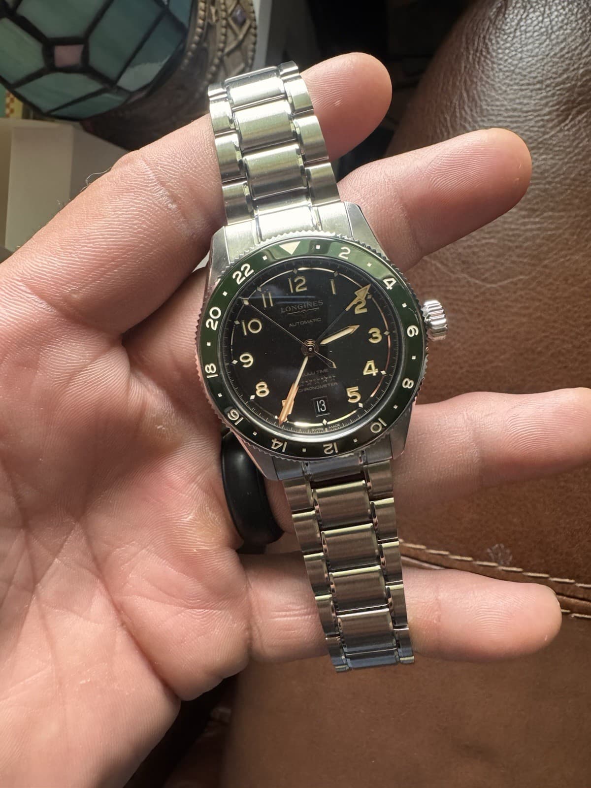 Pre-owned Longines Spirit Zulu GMT 39mm! Green Ceramic Bezel & Anthracite Dial.