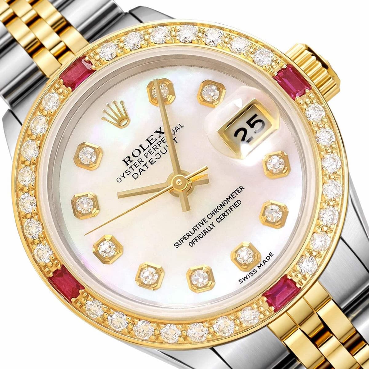 26mm Rolex Datejust 18K Gold Natural Diamond Ruby Bezel White MOP Dial Watch