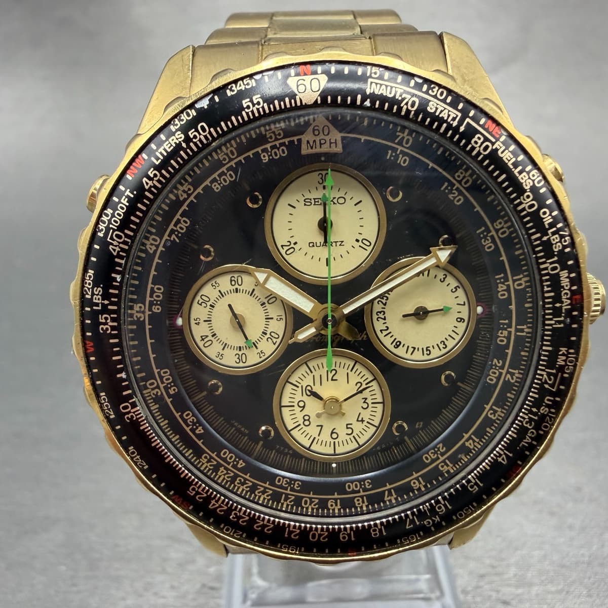 Seiko Flightmaster Chronograph Watch Men 42mm Black Dial Gold Tone Date New Bat2