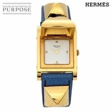 HERMES Medor Vintage Women s Watch Pyramid Gold Studs White Leather Quartz Medor