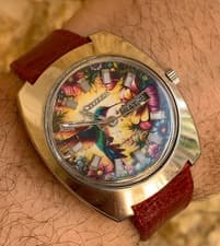 RARE Vintage Citizen Automatic Watch Hummingbird Floral Art Dial 38mm 1970s