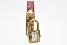 Hermes Watch Kelly White Dial Gold Case Quartz Leather Band Women's w/Box, Strap