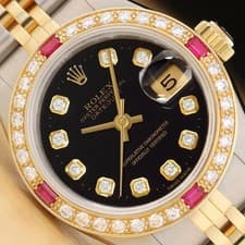 ROLEX LADIES DATEJUST 69173 BLACK DIAMOND RUBY 18K YELLOW GOLD STEEL WATCH