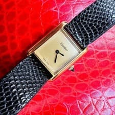 Vintage 24mm Must De Cartier 18K Plated Women's Watch With Black Band