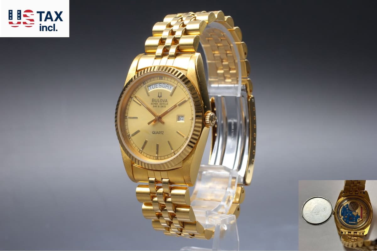1991[N MINT] Bulova Super Seville Day Date 8984101 Gold Quartz Men's Watch JAPAN