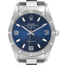 Rolex Air King Steel Blue Dial Engine Turned Bezel Mens Watch 14010
