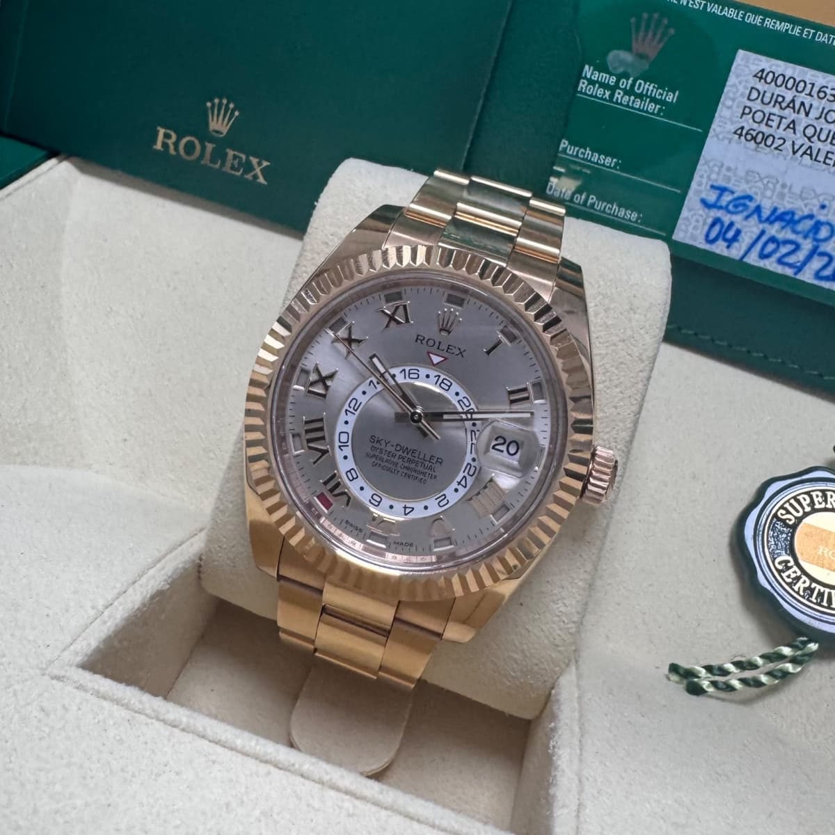 Rolex Sky-Dweller 2015 Auto 42mm 326935 Sundust Dial 18K RG Fluted Bezel Oyster