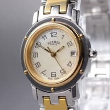 [Exc+5] Vintage HERMES CL4.220 24mm Shell Dial Date Gold Quartz Women's Watch