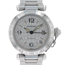 Cartier Pasha 2377 Stainless Steel GMT Bezel Silver Dial Watch