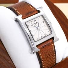 Hermes Quartz Watch Silver Brown Working New Battery Cleaned Ladies 30mm