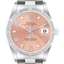 Rolex Date Salmon Dial Engine Turned Bezel Steel Mens Watch 15210