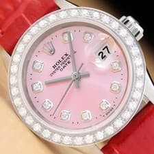 ROLEX LADIES 6517 DATE 18K WHITE GOLD PINK DIAMOND WATCH w/ RED LEATHER BAND