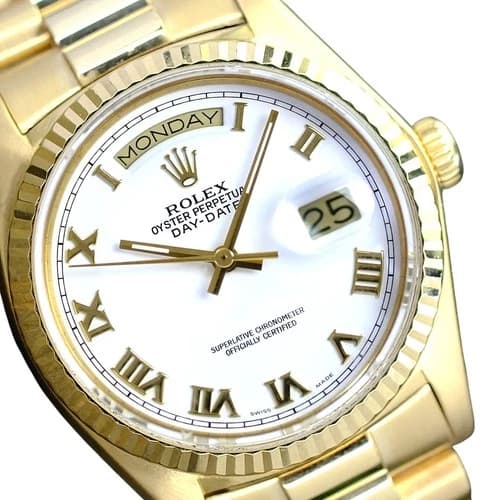 Rolex Day-Date 18238 18K Yellow Gold White Roman Dial Fluted Bezel 36mm Watch