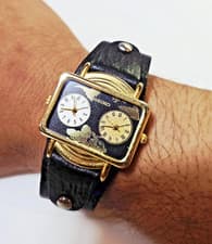 RARE- Seiko double time zone Wrist watch Map Design Genuine Leather Fossil-works