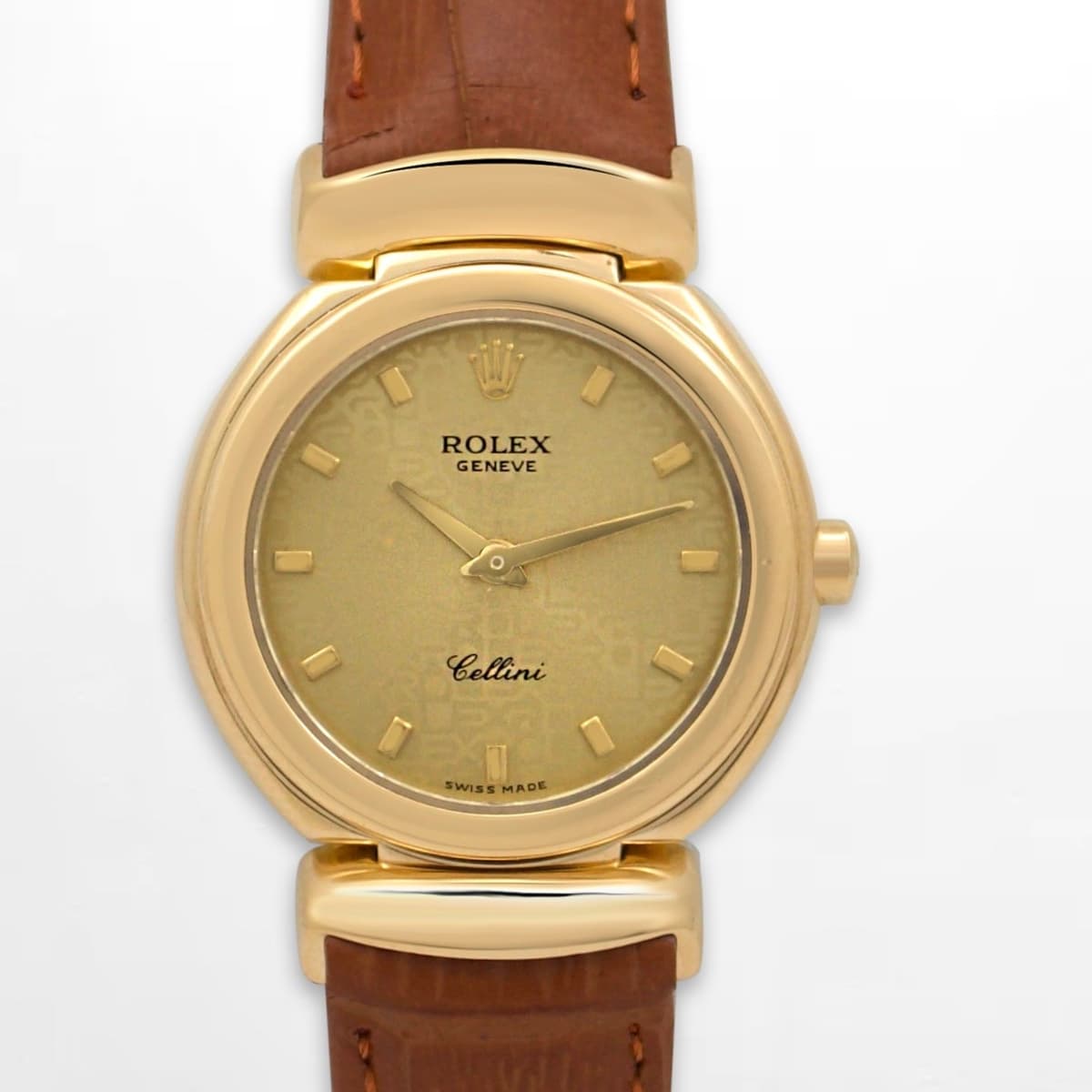 Rolex Cellini 6621 Quartz 26mm Champagne Dial 18k YG Watch Brown Leather Band