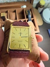 OMEGA Wristwatch Mechanical Automatic Analog Gold Brown Leather Band Square