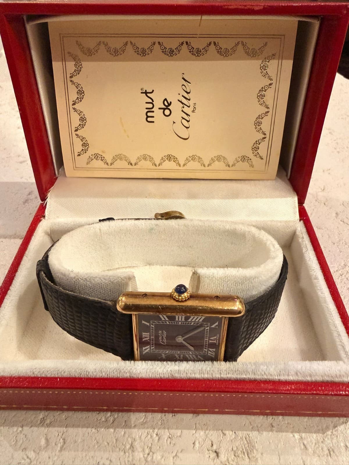 Must de Cartier Tank Vermeil 23mm Manual Wind Watch Black Dial W/Box RARE