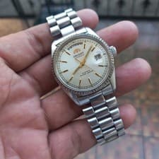 RARE ORIENT President Automatic Day Date Silver Aging Dial Baton Vintage Watch