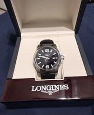 Longines Conquest 43mm Black Dial Quartz Leather 300m Box Papers