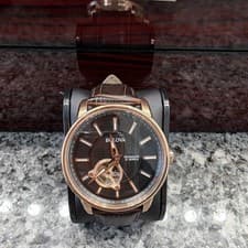 Bulova Automatic 21 Jewels Black Dial Gold Case Brown Leather Strap Watch Box