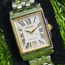 Rare Seiko Premier Roman Index White Gold Square Watch Quartz 7N32-0DS0 Dress