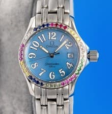 Ladies Omega Seamaster SS Steel Watch - Blue MOP Dial - Diamond Bezel - 2581.88