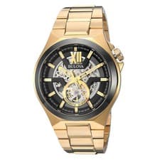 Bulova 98A178 Mens Automatic Black Dial Yellow Gold Bracelet Watch