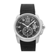 Cartier Calibre de Cartier Steel Auto 42mm Black Dial Strap Watch W7100014